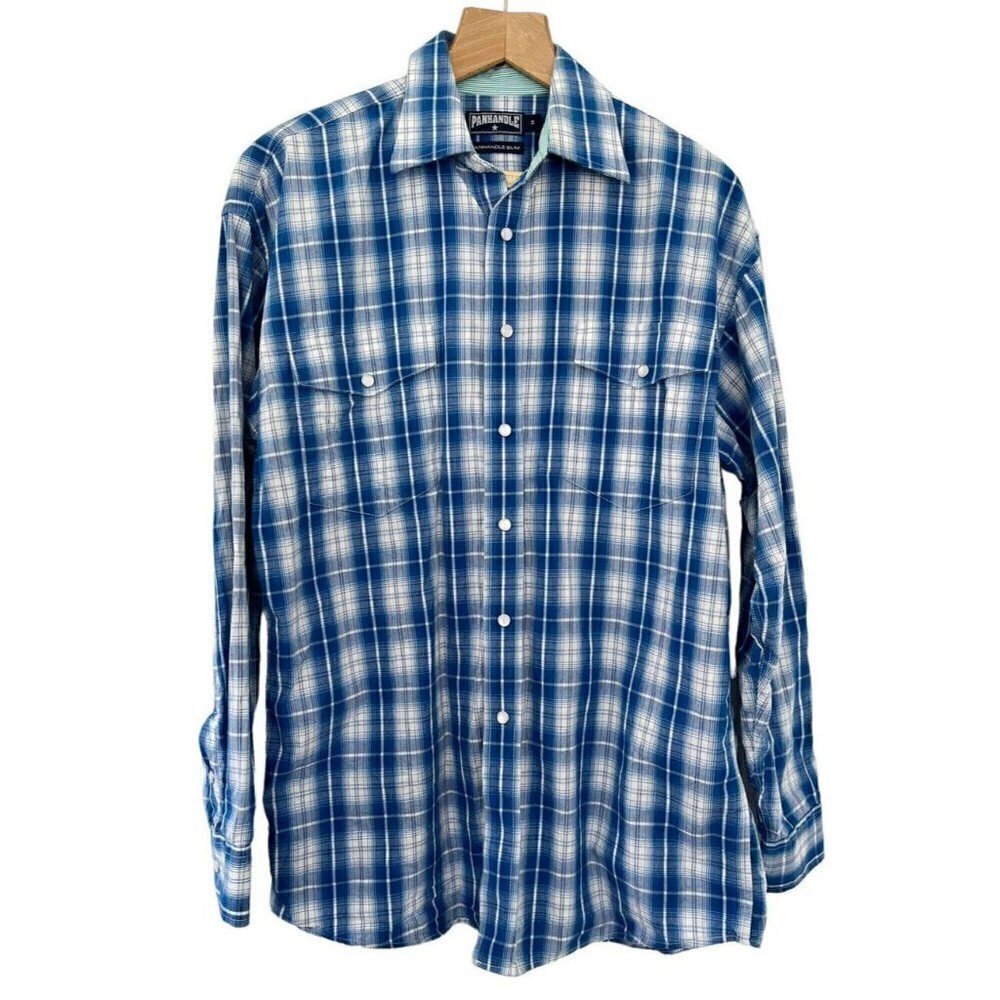 Panhandle Slim Mens Sz M Blue White Plaid Western Pearl Snap Cowboy Shirt